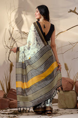 White Digital Print Border Soft Georgette Saree