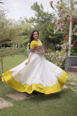 Women's Premium White Lehenga with Tribal Inspired Embroidery, Lotus Print Border, and Wedding Ready Style