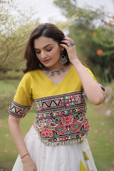 Premium Ivory White and Mustard Yellow Lehenga Choli with Designer Embroidered Top, Lotus Border Motifs, and Elegant Ethnic Appeal