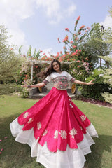 Women's Premium White and Pink Lehenga with Tribal Inspired Embroidery, Lotus Print Border, and Wedding Ready Style