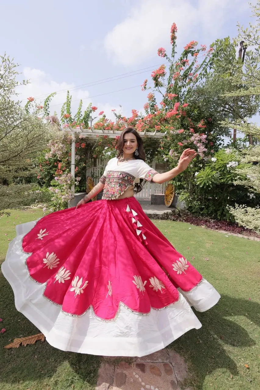 Designer Hot Pink Lehenga Choli with Colorful Handcrafted Embroidery, White Border, and Festive Wear Appeal