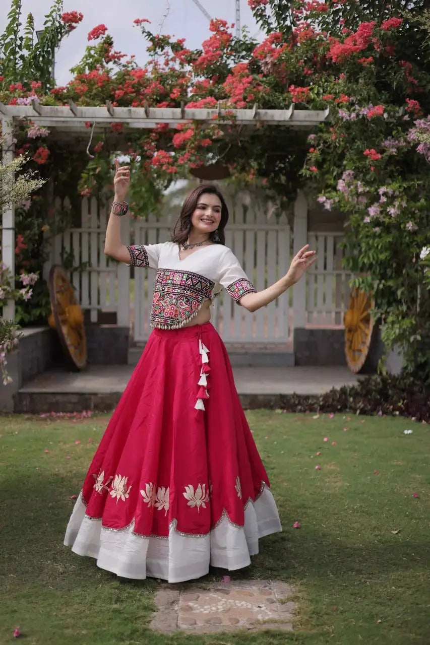 Women's Festive Hot Pink Lehenga Set with White Contrast Hem, Embroidered Choli, and Graceful Ethnic Style