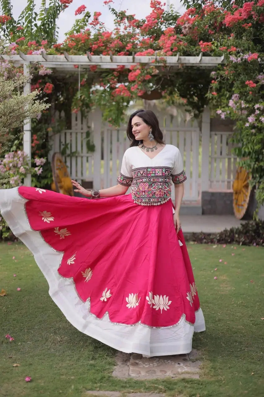 Traditional White and Pink Lehenga Choli with Colorful Mirror Style Embroidery and Festive Appeal