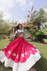 Elegant Hot Pink Flared Lehenga Set with Artisan Embroidered Bodice, Contrast White Hem, and Traditional Look