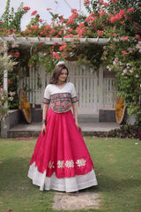 Graceful Hot Pink Lehenga featuring Multicolor Ethnic Embroidery, White Accents, and Flared Festive Silhouette