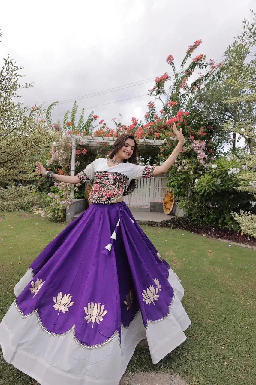 Premium White and Royal Purple Lehenga Choli with Designer Embroidered Top, Lotus Border Motifs, and Elegant Ethnic Appeal