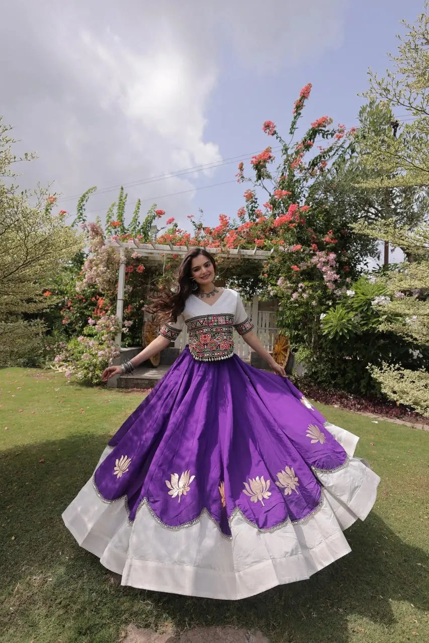 Graceful Royal Purple Lehenga featuring Multicolor Ethnic Embroidery, White Accents, and Flared Festive Silhouette