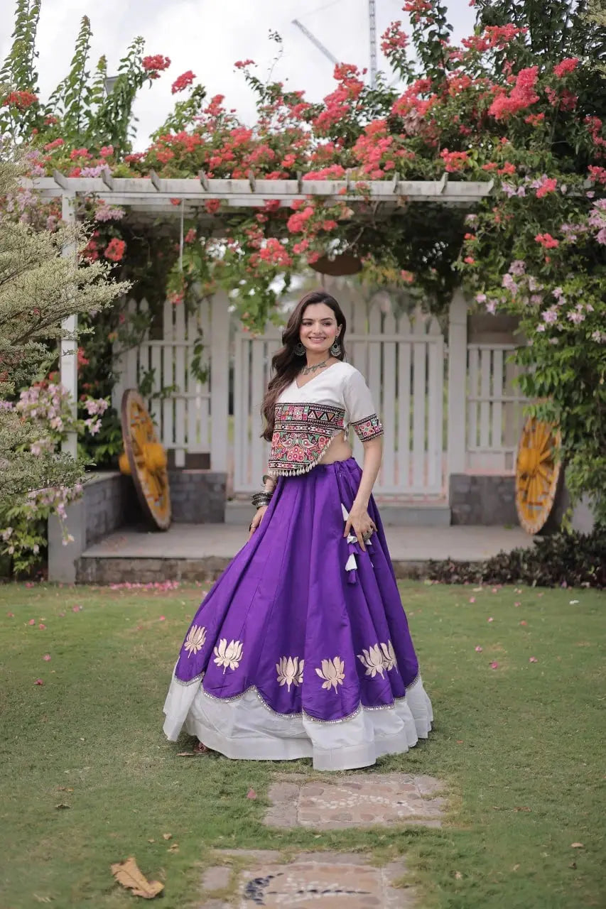 Stylish White and Purple Lehenga featuring Kutchi Inspired Embroidery, Flared Silhouette, and Designer Finish