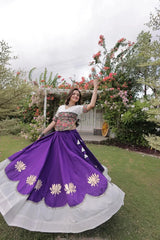 Traditional White and Purple Lehenga Choli with Colorful Mirror Style Embroidery and Festive Appeal
