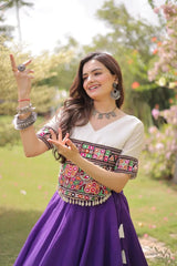 Designer Royal Purple Lehenga Set featuring White Embroidered Blouse, Multicolor Artisan Motifs, and Contrast Border