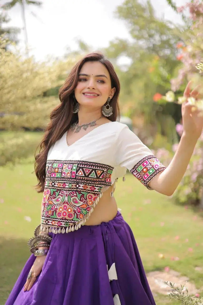 Women's White and Royal Purple Lehenga Choli with Colorful Kutchi Embroidery and Traditional Ethnic Design