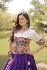 Beautiful Royal Purple Ethnic Lehenga with Intricate Embroidered Choli, Lotus Motifs, and Elegant Flared Skirt