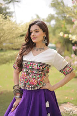 Beautiful Royal Purple Ethnic Lehenga with Intricate Embroidered Choli, Lotus Motifs, and Elegant Flared Skirt