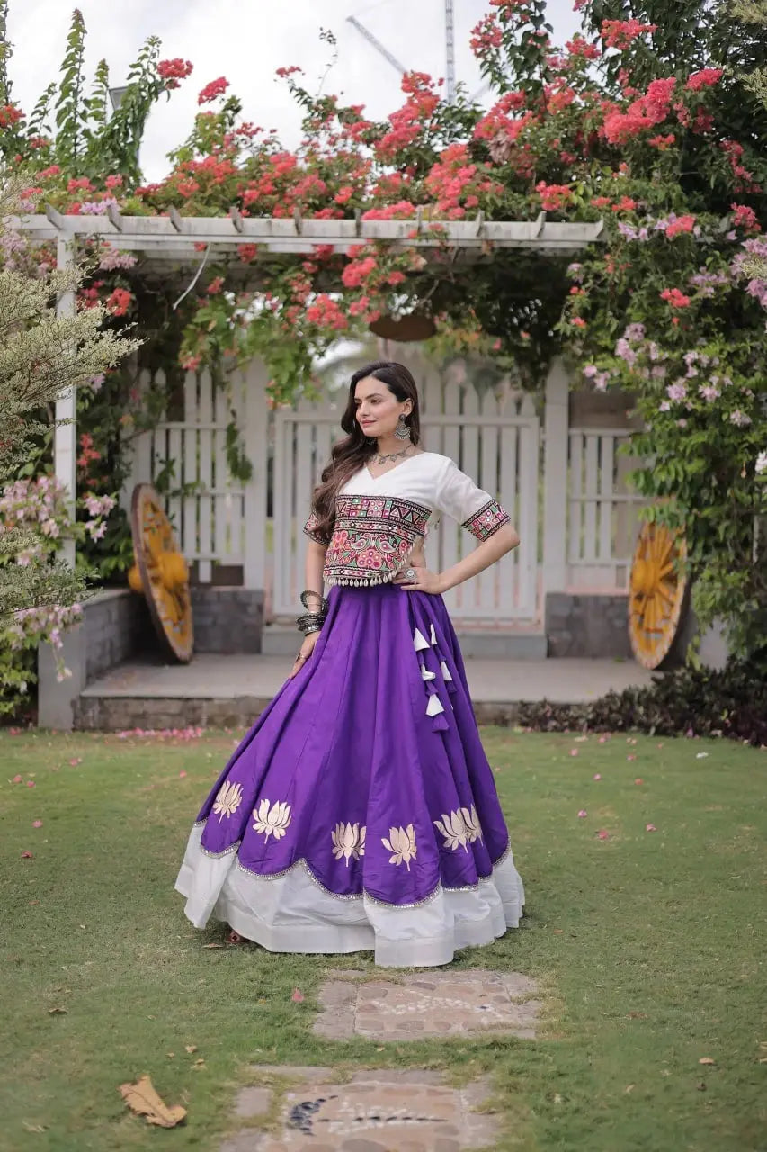 Designer Royal Purple Lehenga Choli with Colorful Handcrafted Embroidery, White Border, and Festive Wear Appeal