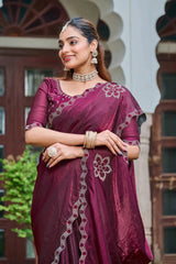 Close-up of Wine Diamond Work Saree blouse and pallu with floral stone motif