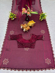 Wine Diamond Work Saree flat lay top view with blouse and border detail