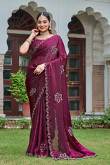 Wine Diamond Work Saree draped, front view showing zari border