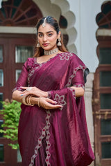 Wine Diamond Work Saree portrait close view