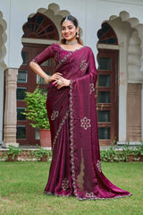 Wine Diamond Work Saree hip pose showing full drape