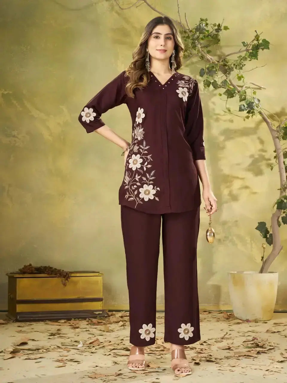 Wine Multi Thread Embroidered Coord Set - front view full length