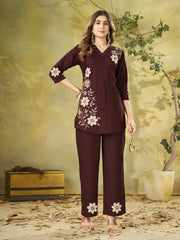Wine Multi Thread Embroidered Coord Set - front view full length