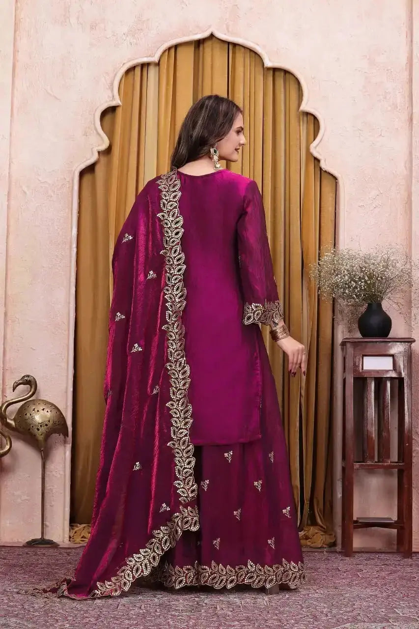 Wine Sequins Embroidered Suit back view with dupatta drape