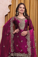 Close-up of embroidery work and dupatta border on Wine Sequins Embroidered Suit