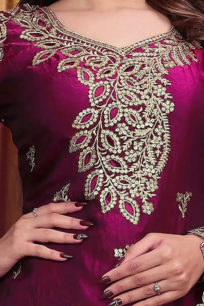 Close-up of gold sequin embroidered V-neckline on Wine Sequins Embroidered Suit
