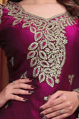 Close-up of gold sequin embroidered V-neckline on Wine Sequins Embroidered Suit