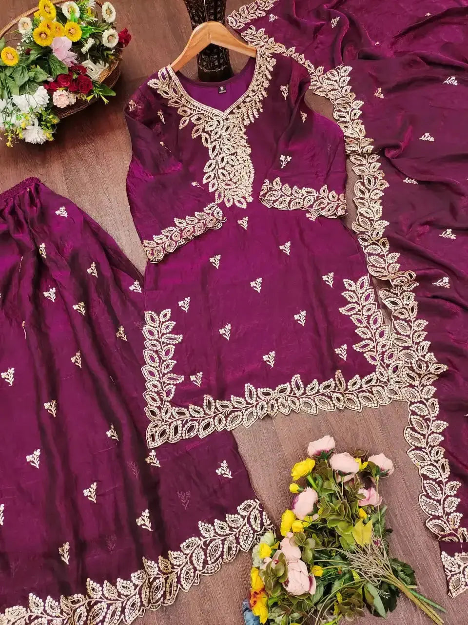 Wine Sequins Embroidered Suit flat lay showing kurta, sharara and dupatta set