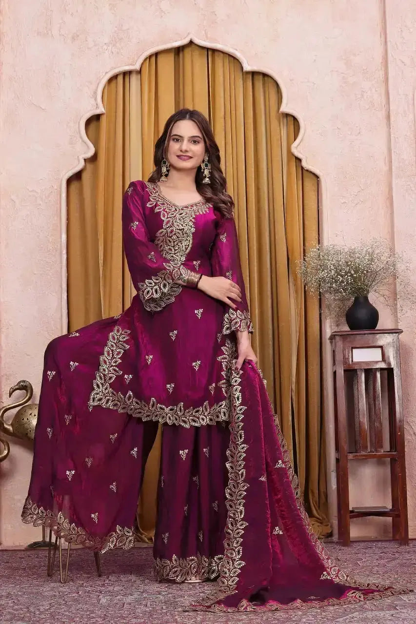 Wine Sequins Embroidered Suit with Pakistani kurta and sharara, front view