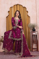 Wine Sequins Embroidered Suit with Pakistani kurta and sharara, front view