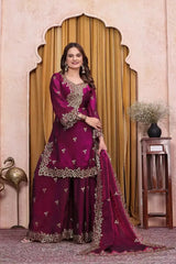 Wine Sequins Embroidered Suit, front view showing sharara flare