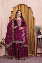 Wine Sequins Embroidered Suit, front view with dupatta draped over arm