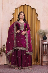 Wine Sequins Embroidered Suit, front view with dupatta draped over arm