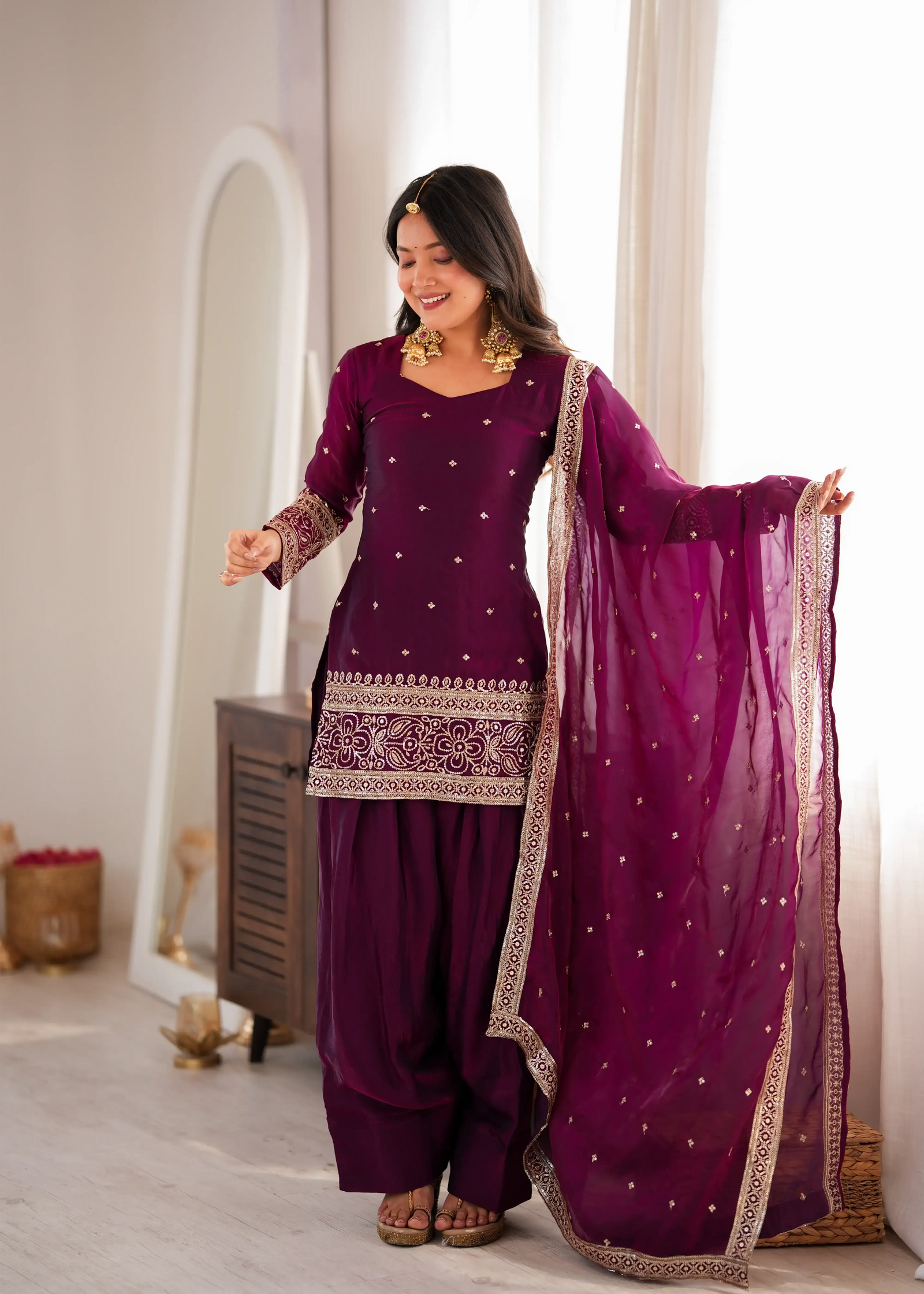Wine Fendy Silk Blend Suit with Zari Border Dupatta – Front View