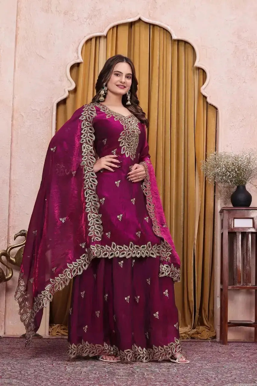 Wine Sequins Embroidered Suit, full front view with gold embroidery detail