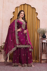Wine Sequins Embroidered Suit, full front view with gold embroidery detail