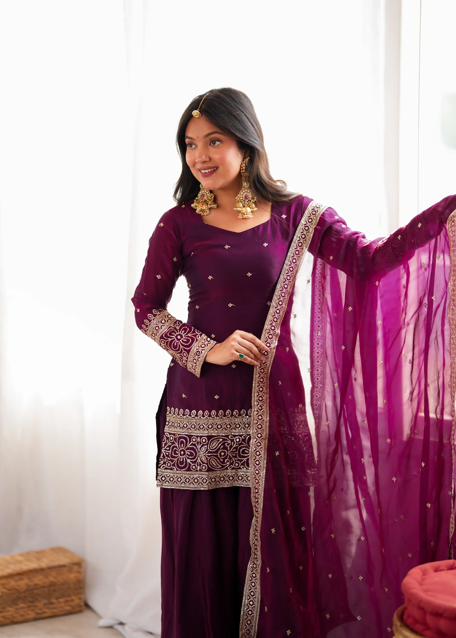 Wine Suit with Full Sleeves and V-Neck – Front Window View