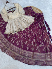 Purple embroidered skirt with a beige blouse on a white background