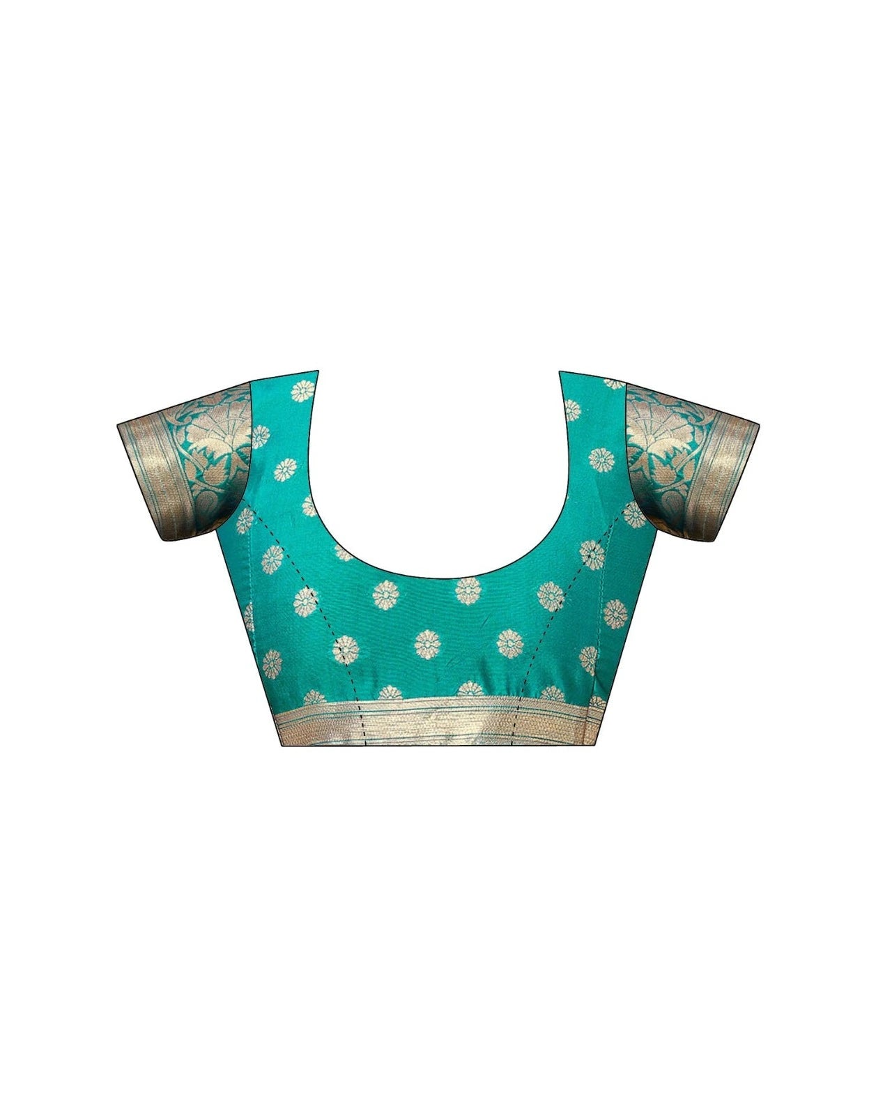Teal blouse with gold patterns on a white background