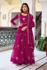 Elegant wine suit featuring shimmering sequins and delicate thread work design