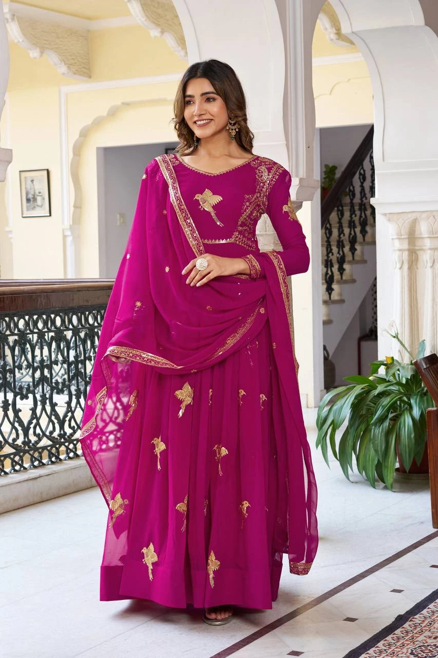 Wine-colored faux georgette suit with sequins and thread embroidery displayed on Shopify product page