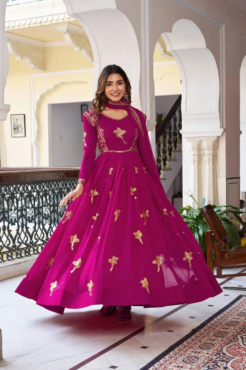 Detailed product listing of wine faux georgette suit with sequins from Kalyanja Fashion