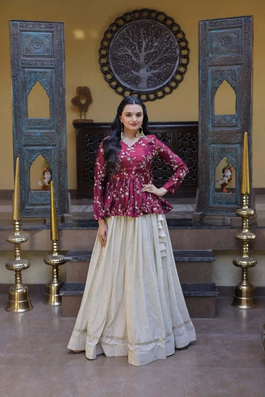 Wine Sequins with Zari Embroidered Mirror Lace Work Cosmos Silk Lehenga