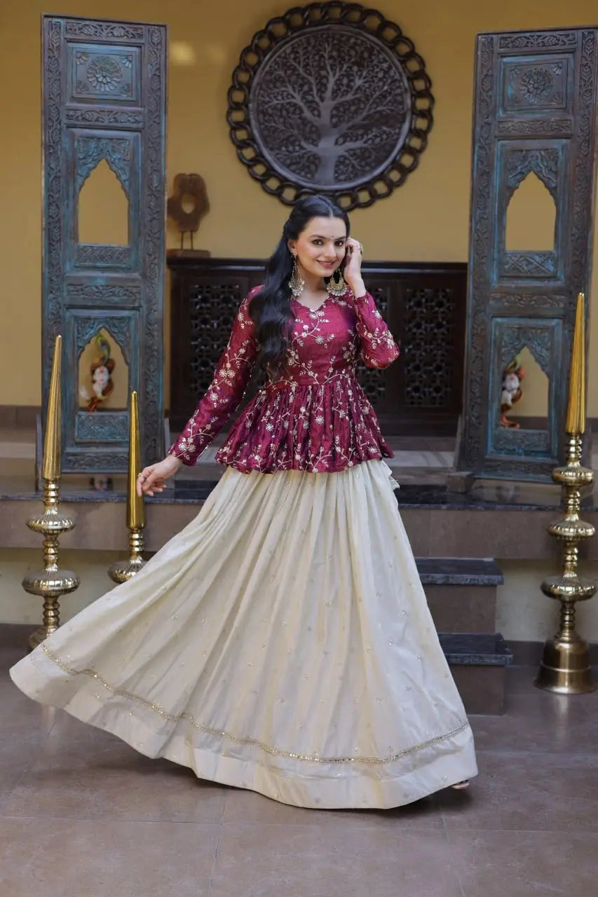 Woman in a traditional outfit with a decorative background