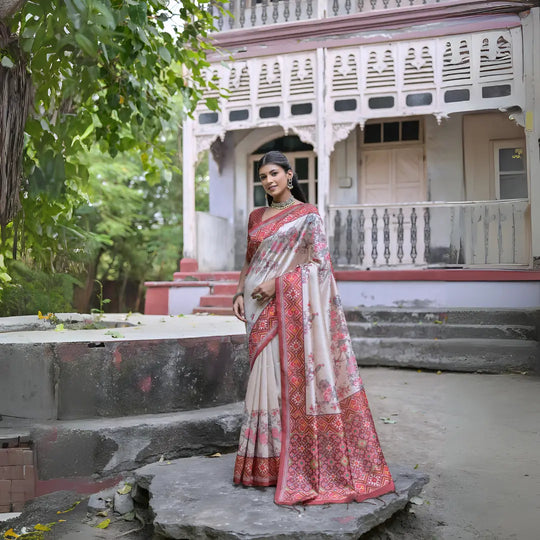 Beige & Red Patola Print Soft Tussar Silk Saree