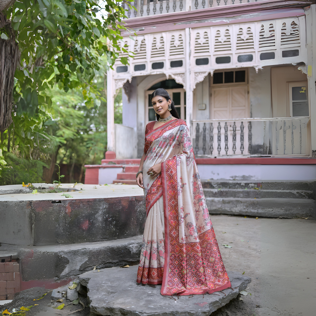 Beige & Red Patola Print Soft Tussar Silk Saree