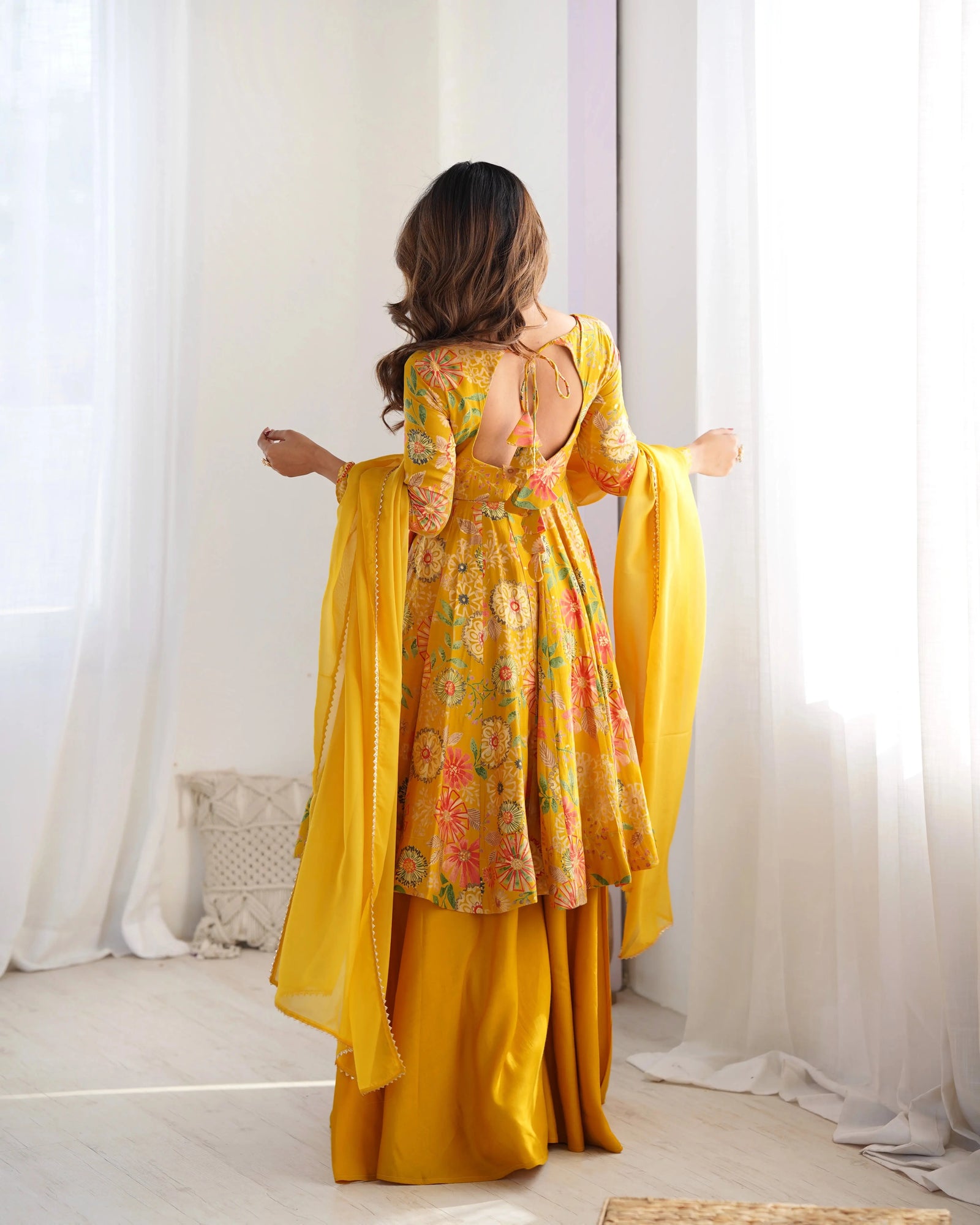 Yellow Discharge Print Suit back view showing keyhole tie-up