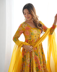 Close-up of Yellow Discharge Print Suit dupatta and sleeve